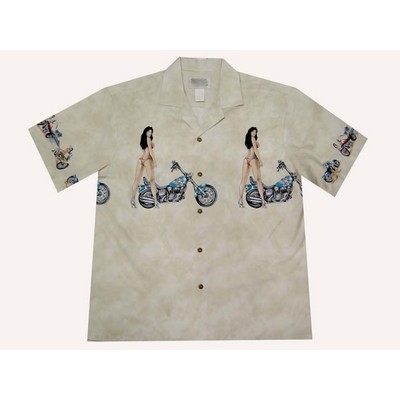 Cream Hawaiian Border Print Cotton Poplin Shirt w/ Button Front