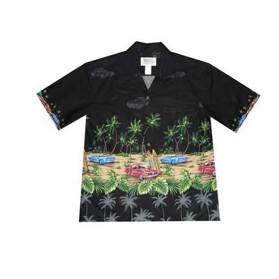 Black Hawaiian Border Print Cotton Poplin Shirt w/ Button Front