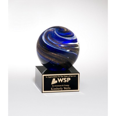 Art Glass Globe w/ Blue/ White/ Metallic Gold Highlights Award(3 1/2"x5")