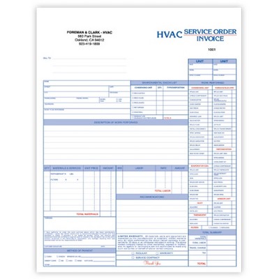 3 Part HVAC Service Order/Invoice Forms - 8½"x 11"