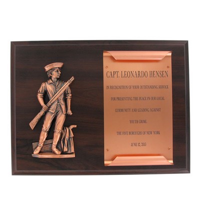 Simulated Walnut Minuteman Plaque w/Copper Scroll Engraving Plate (9" x 12")