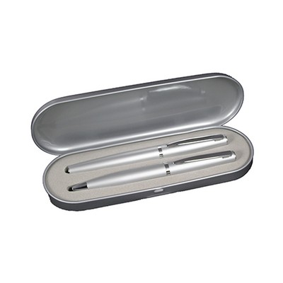 Satin Chrome Executive Ball Pen and Roller Ball Pen Tin Box