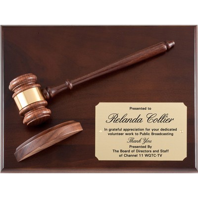 Genuine Walnut Gavel Plaque w/Brass Plate, Matching Gavel, 9"x12"