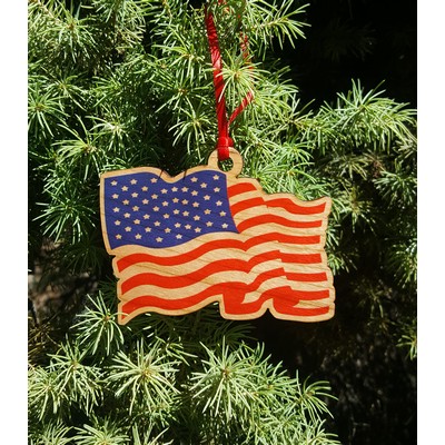 3.5" - Waving American Flag Hardwood Ornaments