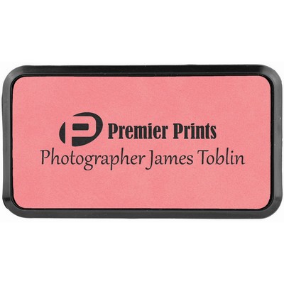 Pink Laser Engraved Leatherette Round Corner Badge & Frame (3" x 1 1/2")