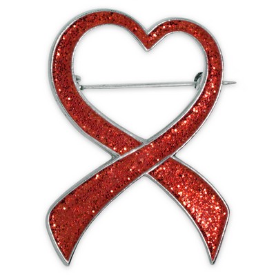 Red Glitter Heart Awareness Ribbon Brooch