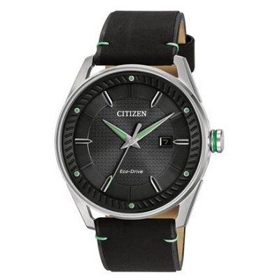 Citizen® Men's Drive Eco-Drive® Black Strap Watch w/Black Dial & Green Accents