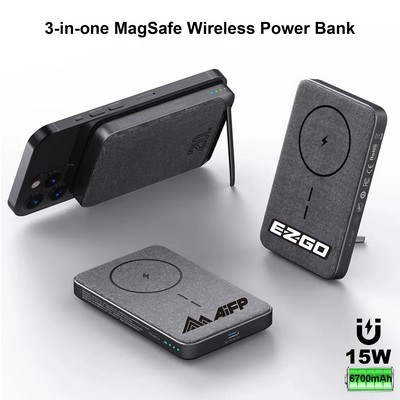 15W MagSafe wireless charger with 6700mAh power bank and mobile phone holder