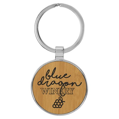 1 1/2" Laserable Leatherette/Metal Bamboo Round Keychain