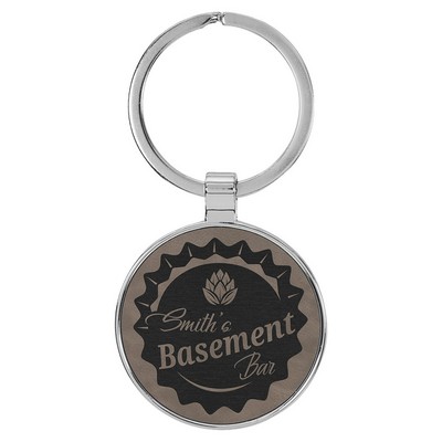 1 1/2" Laserable Leatherette/Metal Gray Round Keychain