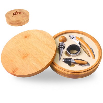 Round Bamboo 4-Piece Wine Tool Set