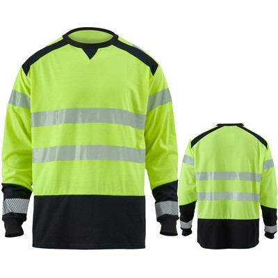 Hi Viz 3.8 Oz. Polyester Class 3 Color Block Safety Long Sleeve T-Shirt With Segmented Tape