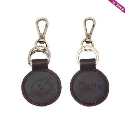 Debossed Round Full Grain Leather Car Keychain