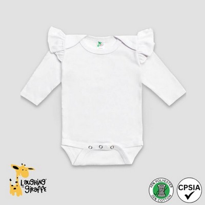 Baby Long Sleeve White Bodysuit w/Flutter Sleeves 65% Polyester 35% Cotton- Laughing Giraffe®