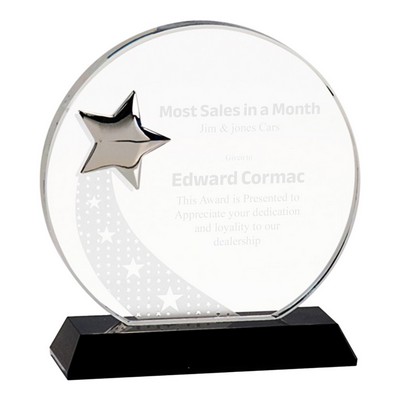 Silver Star Round Crystal on Black Pedestal Base Award