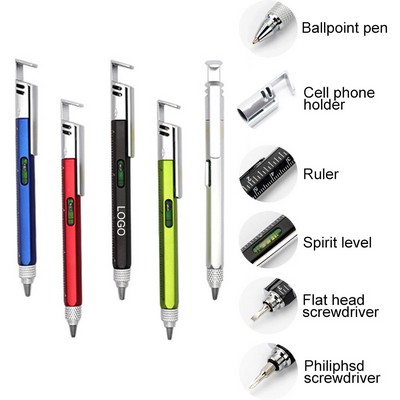 6-in-1 Multifunctional Tool Ballpoint Pen w/Spirit Level & Ruler & Screwdriver & Phone Holder