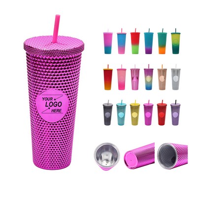 24oz Large Capacity Double Wall Straw Cup with Electroplated Gradient Color and Handle