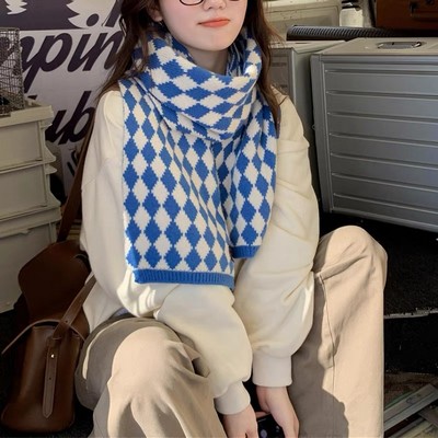 63" Polyester Checkerboard Plaid Scarf Cable Knitted Scarf Wrap Chunky Long Warm Scarf-Embroidery