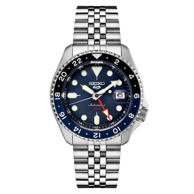 Seiko Mens Seiko 5 Sport SKX GMT Series Silver-Tone Watch, Blue Dial