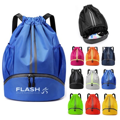 Gym Drawstring Backpack with Shoe Compartment and Wet Pocket