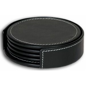 Rustic Black Round Leather Coaster Set w/Holder (4 Coaster Set)