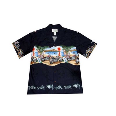 Black Hawaiian Border Print Cotton Poplin Shirt w/ Button Front