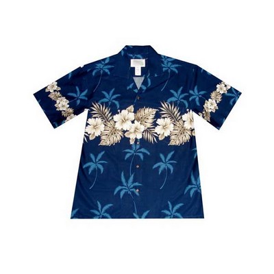 Navy Hawaiian Border Print Cotton Poplin Shirt w/ Button Front