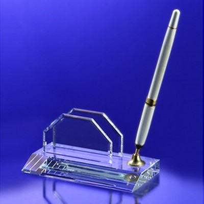 Desktop, Crystal Award Business card holder Pen Set w/Silver Ballpoint Pen