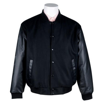 Classic Wool Body/Leather Sleeves Varsity Jacket - Solid Black