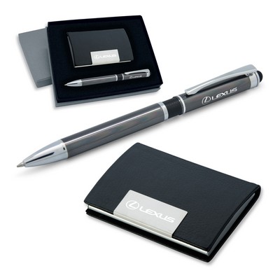 2-Piece Gift Set of Leather Card Case and 2-in-1 Stylus Ballpoint Pen