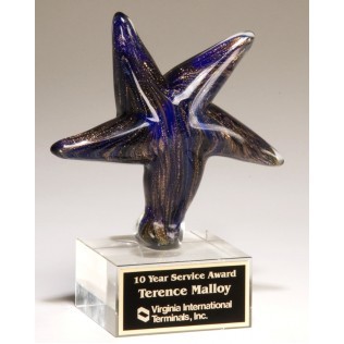 Blue Star Art Glass on Black Glass Base 5 1/8" L x 6 7/8"H