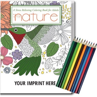 Relax Pack - Nature Coloring Book for Adults + Colored Pencils