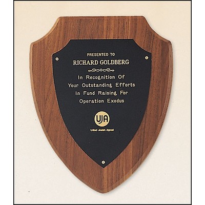 Walnut Shield Plaque w/ Black Plate 7 1/4" x 9"