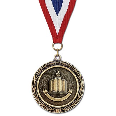 2 1/4" Open Book LX Medal w/ Red/White/Blue or Year Grosgrain Neck Ribbon