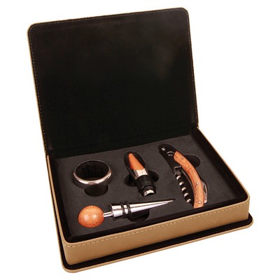 Laserable Light Brown Leatherette 4-Piece Wine Tool Set