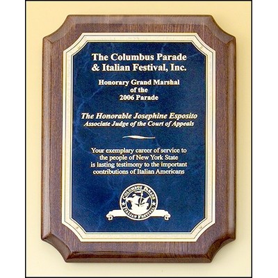 Airflyte® Walnut Piano-Finish Plaque w/Sapphire Blue Marble Plate & Notched Corner (8"x 10.5")