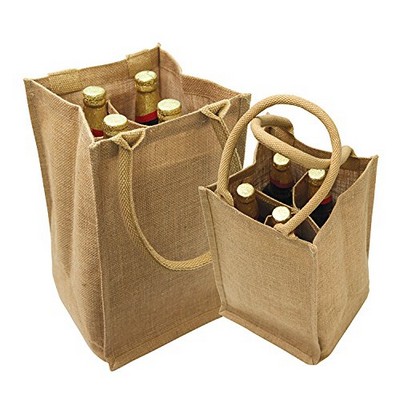 Bags: Jute Burlap 4 Bottle Wine Tote with cotton webbed with divider size 8"W x 14"H x 8"Gusset