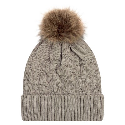 Jacquard Cable Knit Toque w/12cm Faux Fur Pom Pom