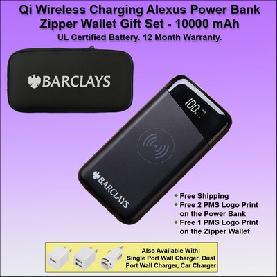 Qi Wireless Charging Alexus Power Bank Zipper Wallet Gift Set 10000 mAh - Black