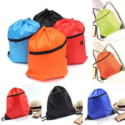 Polyester Drawstring Backpack with Front Zipper Pocket