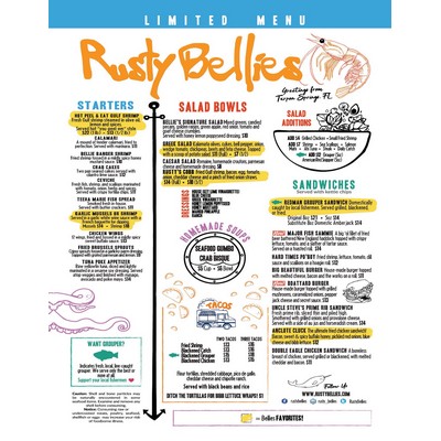 SINGLE USE MENUS on lite weight 80lg gloss paper 11" x 8.5", Full Color