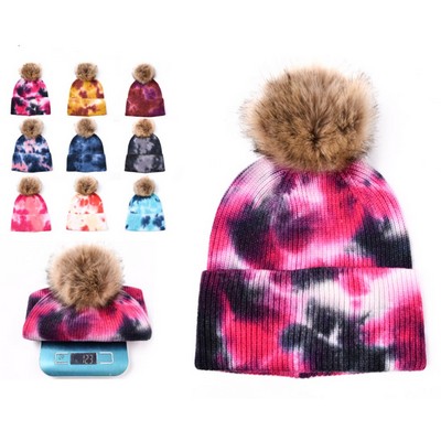 Tie Dye Gradient Pom Knitted Ribbed Beanie with Cuff