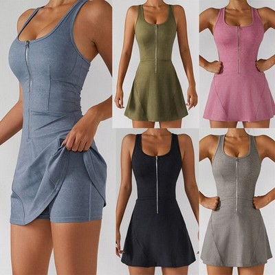 Zipper Sleeveless Sports Dress w/Built-in Shorts