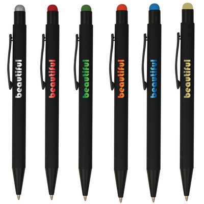 Rubber finish aluminum click action ballpoint pen with stylus