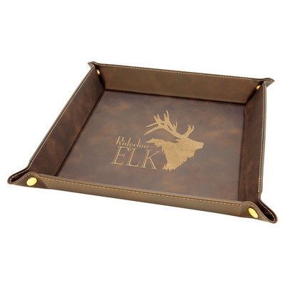 9" x 9" Rustic/Gold Laserable Leatherette Snap Up Tray with Gold Snaps