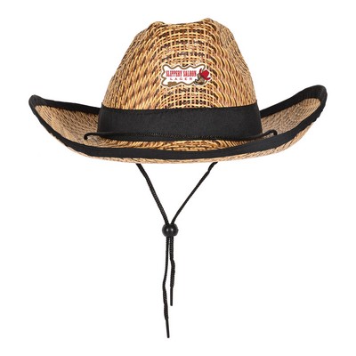 Western Cowboy Hats w/ Black Trim & Band and Adjustable Chin Strap with a Faux Leather Icon