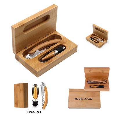 3 In 1 Bamboo Wine Opener Corkscrew Set