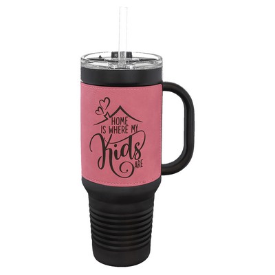 Polar Camel 40 oz. Black with Pink Laserable Leatherette Travel Mug with a Handle, Strw Inc