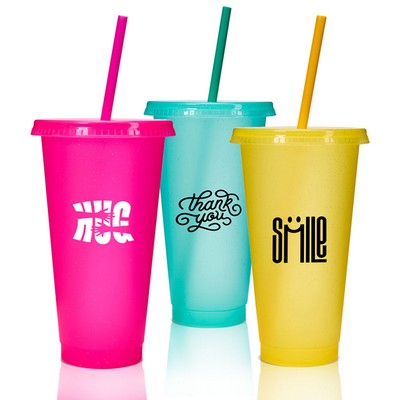 24 Oz Colorful Sequin Plastic Straw Cup With Lid