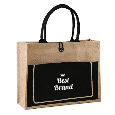 Two Tone Jute Tote Bag with Front Pocket